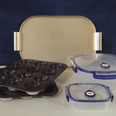 Mixed Kitchen Lot - Gold Tone Tray, Muffin Tins, and Plastic Storage Bowls