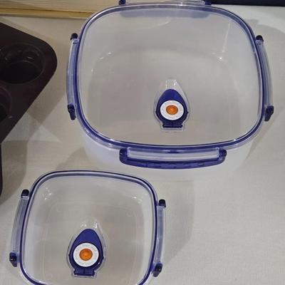 Mixed Kitchen Lot - Gold Tone Tray, Muffin Tins, and Plastic Storage Bowls