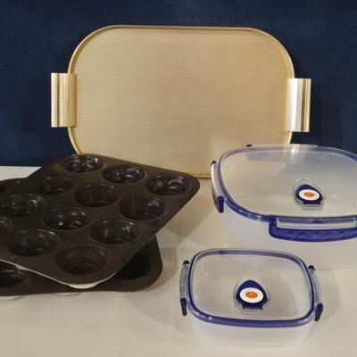 Mixed Kitchen Lot - Gold Tone Tray, Muffin Tins, and Plastic Storage Bowls