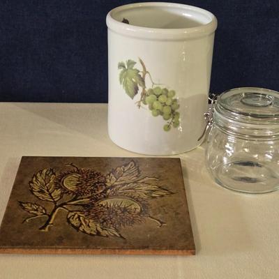 Mixed Kitchen Items - Ceramic Tile Trivet,Glass Jar, and Ceramic Crock Utensil Holder