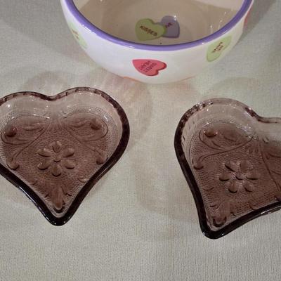 Valentine's Day Ceramic Basket and (2) Glass Heart Dishes