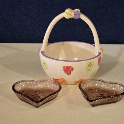 Valentine's Day Ceramic Basket and (2) Glass Heart Dishes
