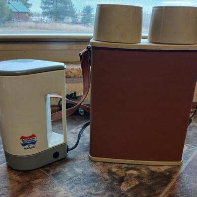 American Tourister By Franzus electric coffee maker with Vintage Twin-Vac Safari thermos