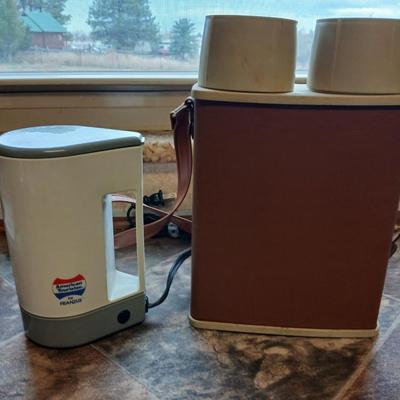 American Tourister By Franzus electric coffee maker with Vintage Twin-Vac Safari thermos
