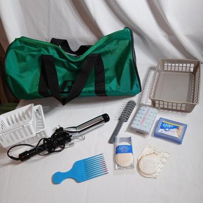 Curling iron, with hair and makeup accessories and a duffle bag with net ends for traveling or leisure