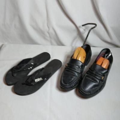 Women's Elvis flip flops and Chancellors wide width loafers with wooden shoe stretchers