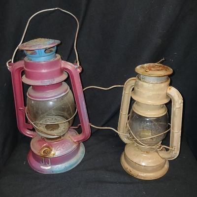 Two vintage kerosene lanterns Elephant 225 and Sun with embossed globe