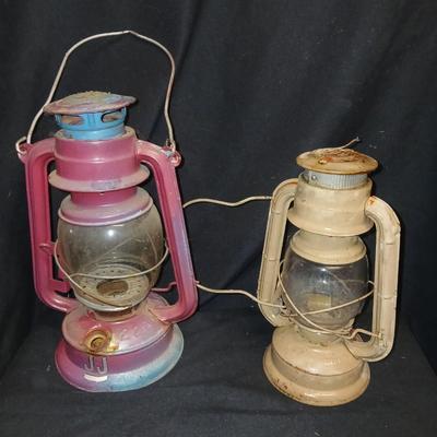 Two vintage kerosene lanterns Elephant 225 and Sun with embossed globe