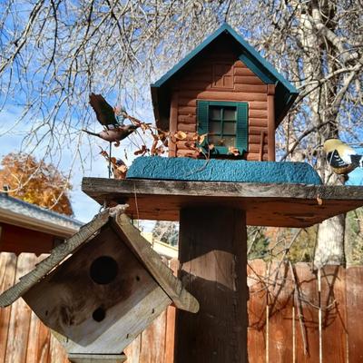 Wooden bird house and log cabin