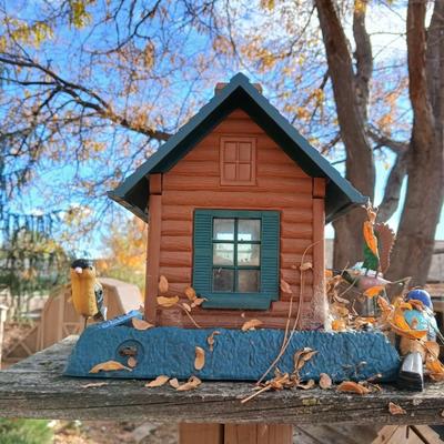 Wooden bird house and log cabin