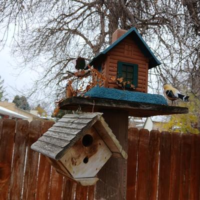 Wooden bird house and log cabin