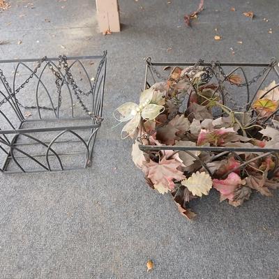 Two vintage wrought iron hanging baskets