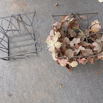 Two vintage wrought iron hanging baskets