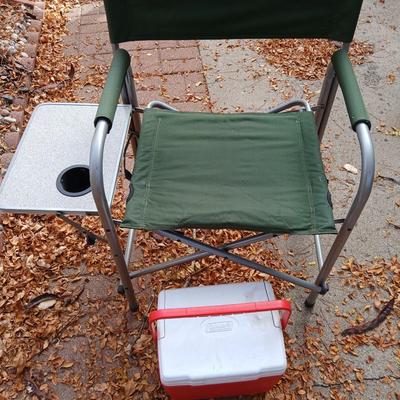 Mac folding chair with side table and a small red cooler