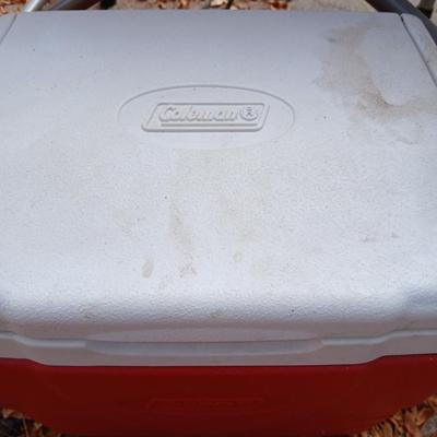 Mac folding chair with side table and a small red cooler
