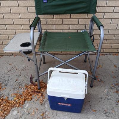 MAC folding chair with side table and a small blue cooler