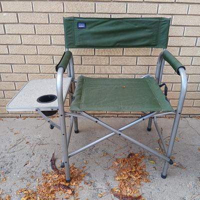 MAC folding chair with side table and a small blue cooler