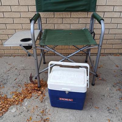 MAC folding chair with side table and a small blue cooler