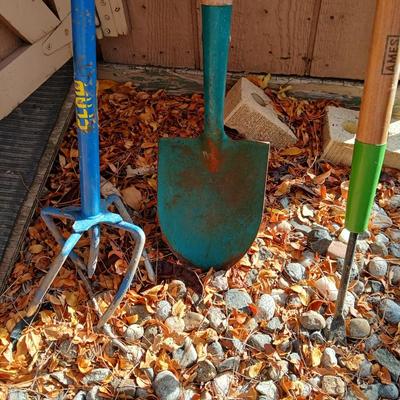 Yard tools - Ames weeder, small shovel, and a Garden claw