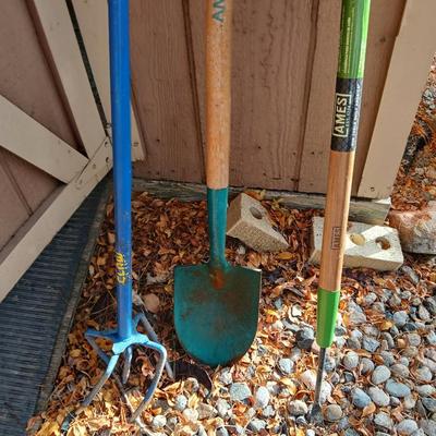 Yard tools - Ames weeder, small shovel, and a Garden claw