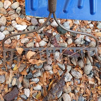 Yard tools - metal leaf rake, snow shovel, and a hard rake