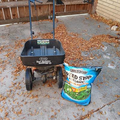 Scott's Turf Builder Edge guard spreader with bag of weed stop
