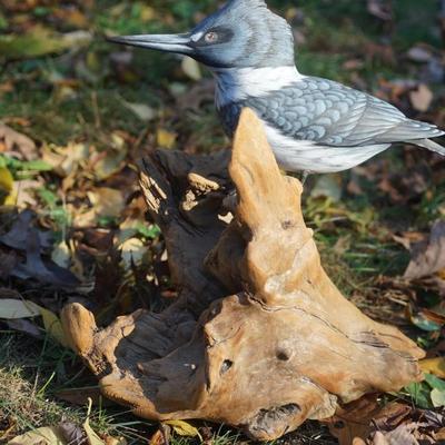 EXCEPTIONAL HAND CARVED WOOD BLUE JAY & HAND PAINTED ON DRIFT WOOD. FATHER/ DAUGHTER CRAFT