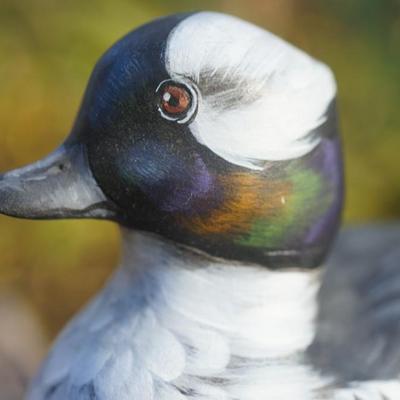 A. WARRENS & SUSAN CAGLE SIGNED CARVED & HAND PAINTED WOOD DUCK ON DRIFTWOOD.