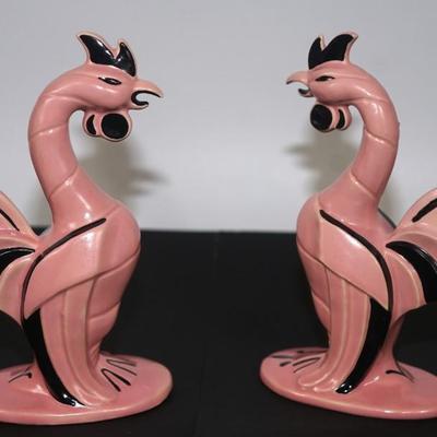 CERAMIC ARTS STUDIO - PAIR OF PINK / BLACK ROOSTERS. #481
