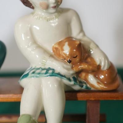 CERAMIC ARTS STUDIO - MADISON, WI 1942-1956 BOY ON BENCH W/ DOG & GIRL ON BENCH W/ CAT UNMARKED