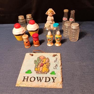 SALT & PEPPER SHAKERS, SINGLE GIRL SHAKER AND A SLATE WALL HANGING