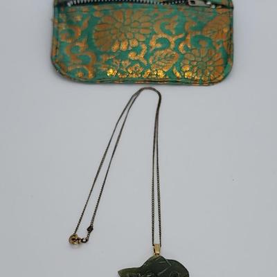 LOT 1 :: Vintage Gold filled Jade Elephant Pendant Necklace 18" L with zipper pouch