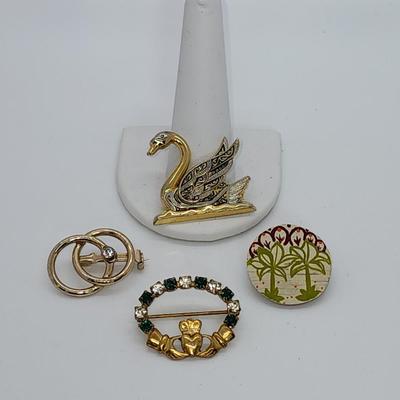 LOT 2:: Vintage Signed Pin/Brooch Lot -Sodor Rhinestone Claddagh Brooch, Coro Double Circle and Rhinestone, Damascene Swan Spain and 1966...