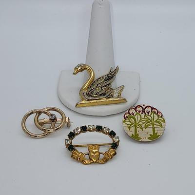 LOT 2:: Vintage Signed Pin/Brooch Lot -Sodor Rhinestone Claddagh Brooch, Coro Double Circle and Rhinestone, Damascene Swan Spain and 1966...