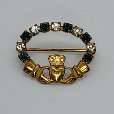 LOT 2:: Vintage Signed Pin/Brooch Lot -Sodor Rhinestone Claddagh Brooch, Coro Double Circle and Rhinestone, Damascene Swan Spain and 1966...