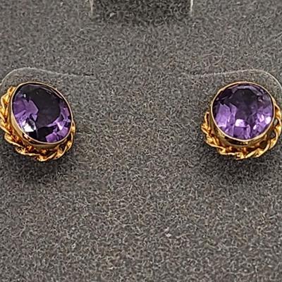 LOT 3:: 14k Oval Amethyst Pierced Post Earrings- New