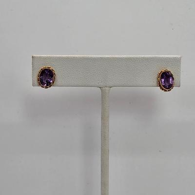 LOT 3:: 14k Oval Amethyst Pierced Post Earrings- New