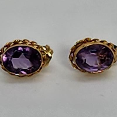 LOT 3:: 14k Oval Amethyst Pierced Post Earrings- New