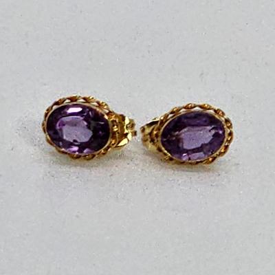 LOT 3:: 14k Oval Amethyst Pierced Post Earrings- New