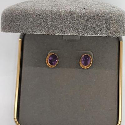 LOT 3:: 14k Oval Amethyst Pierced Post Earrings- New