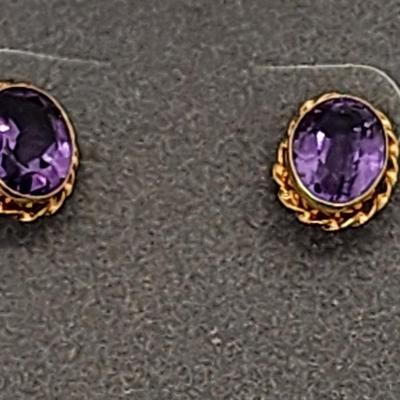 LOT 3:: 14k Oval Amethyst Pierced Post Earrings- New