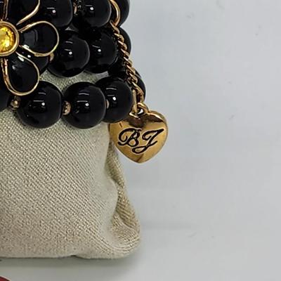 LOT 5:: Betsey Johnson Multi bead Charm Bracelet featuring Cherries, flower and lil worm has her hangtag we included a jewelry satchel