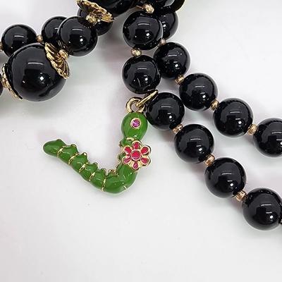 LOT 5:: Betsey Johnson Multi bead Charm Bracelet featuring Cherries, flower and lil worm has her hangtag we included a jewelry satchel