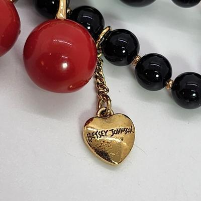 LOT 5:: Betsey Johnson Multi bead Charm Bracelet featuring Cherries, flower and lil worm has her hangtag we included a jewelry satchel