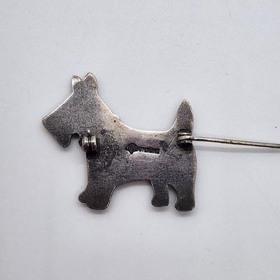 LOT 6:: FOUR Sterling Brooches- Enamel and Marcasite Scottie dog, Enamel Maple Leaf "Mother" Pin, an Owl marked JA- James...