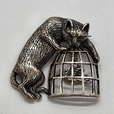 LOT 6:: FOUR Sterling Brooches- Enamel and Marcasite Scottie dog, Enamel Maple Leaf "Mother" Pin, an Owl marked JA- James...
