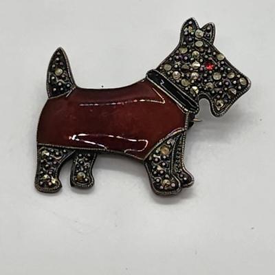 LOT 6:: FOUR Sterling Brooches- Enamel and Marcasite Scottie dog, Enamel Maple Leaf "Mother" Pin, an Owl marked JA- James...