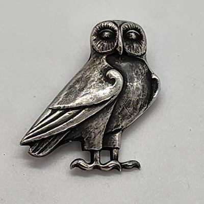 LOT 6:: FOUR Sterling Brooches- Enamel and Marcasite Scottie dog, Enamel Maple Leaf "Mother" Pin, an Owl marked JA- James...
