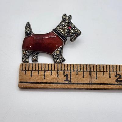 LOT 6:: FOUR Sterling Brooches- Enamel and Marcasite Scottie dog, Enamel Maple Leaf "Mother" Pin, an Owl marked JA- James...
