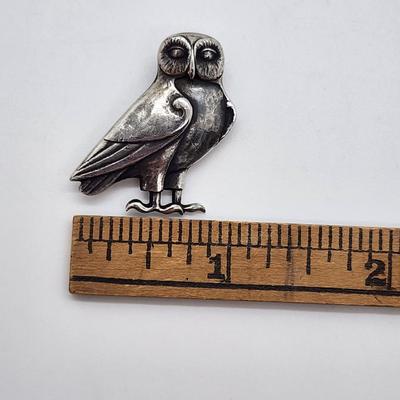 LOT 6:: FOUR Sterling Brooches- Enamel and Marcasite Scottie dog, Enamel Maple Leaf "Mother" Pin, an Owl marked JA- James...